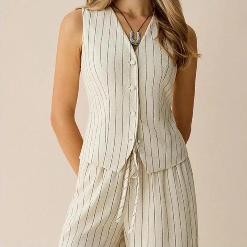 Commense striped sleeves vest and pants set - Picture 2 of 8